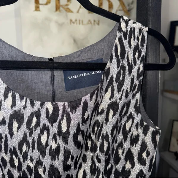 Samantha Sung Silk Leopard Fit And Flare Dress Womens 2 Silver Black Ivory Work - Image 8