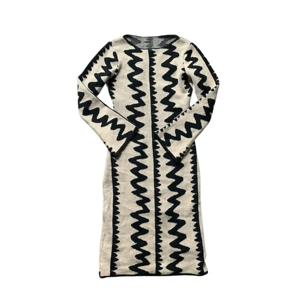 SHEIN Black & Cream Bodycon Knit Midi Dress M - Image 3