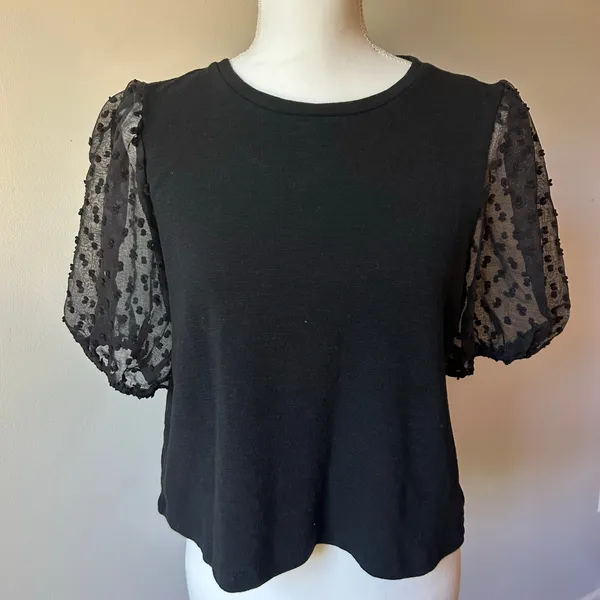 Maeve by Anthropologie Black Peplum Sheer Sleeve Blouse Size Medium - Image 5