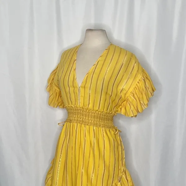 SAYLOR Yellow Metallic Striped Dress Fluttery Smocked Mini Gold Party Medium - Image 6