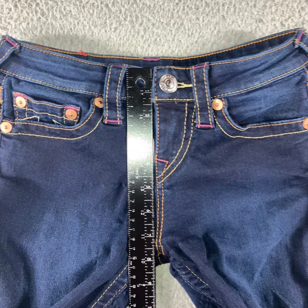 True Religion Low Rise Capri Jeans Womens 25x23.5 Blue Y2K Pink Stitch Logo Flaw - Image 15