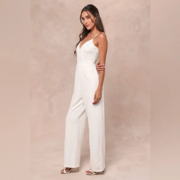 LULU’S Memorable Occasion White Beaded Sequin Wide-Leg Jumpsuit - Image 4