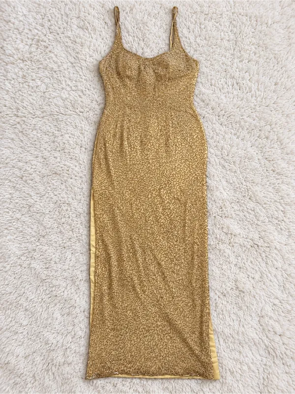 Vintage 90s Sean Collection Silk Beaded Evening Gown – Gold – L - Image 8