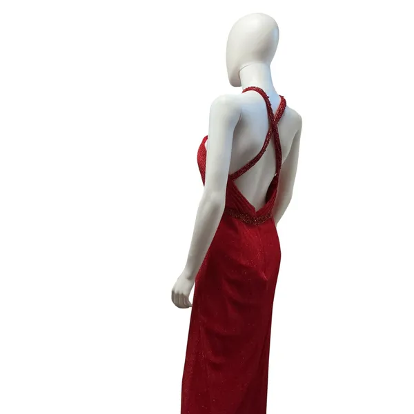 May Queen Couture Red Glitter Beaded Halter Keyhole Evening Gown‎ Dress 10 - Image 11
