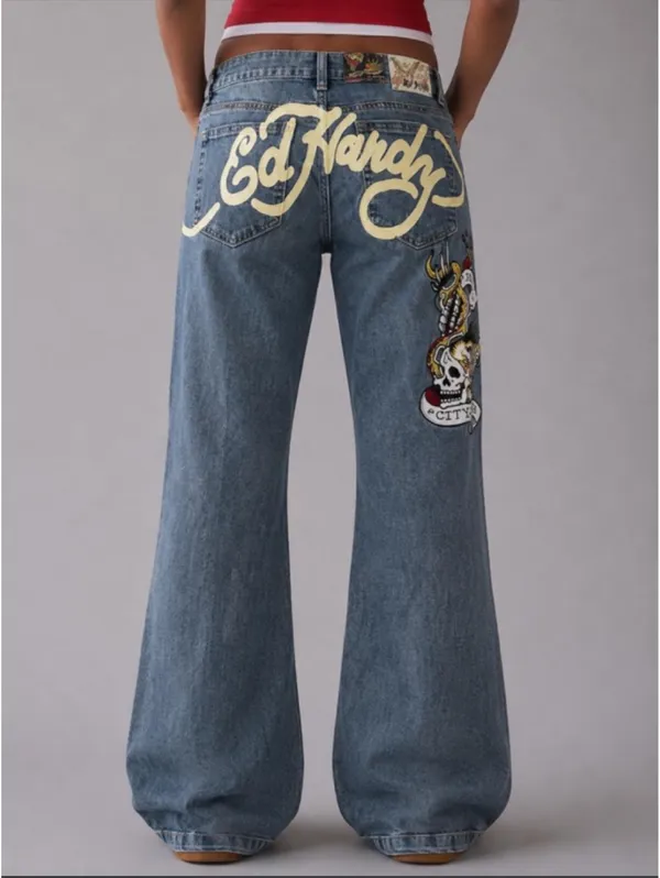 Ed Hardy Embroidered New York City Blue Denim Jeans Slim Flare - Image 2