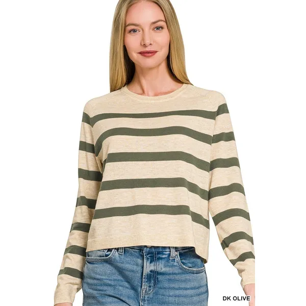 Zenana Lightweight Wool Blend Striped Round‎ Neck Sweater - Medium - Image 2