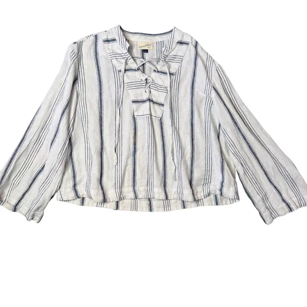 BOHO Flare Bell Sleeve Lace Up Tie Front Top Womens‎ L Striped Popover Cropped - Image 2