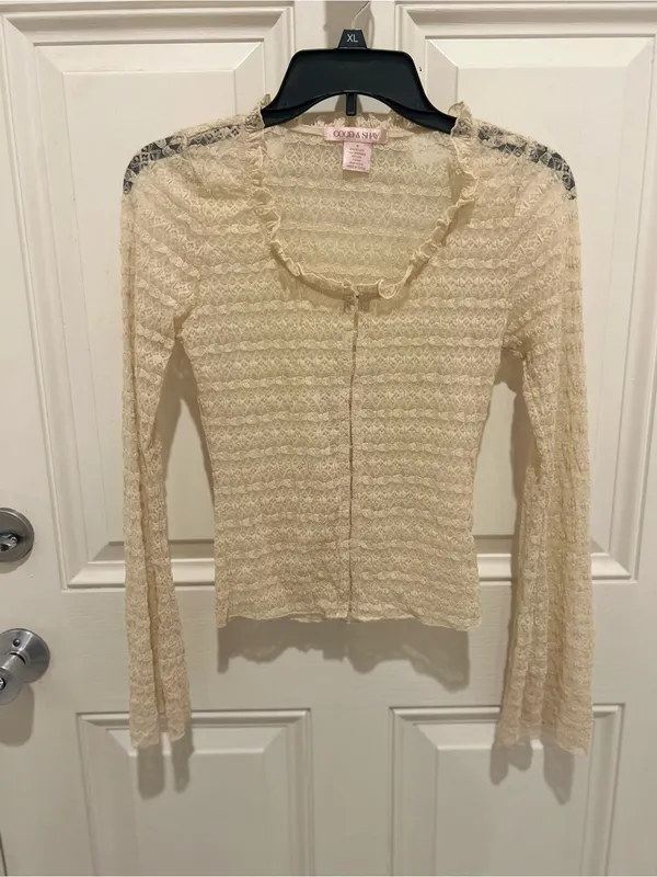 Lace-Trim Sheer Blouse - Cream - Image 4