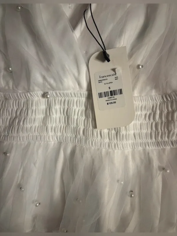 Francesca's Collections White Tulle Mini Dress with Bow and Pearls - Image 6