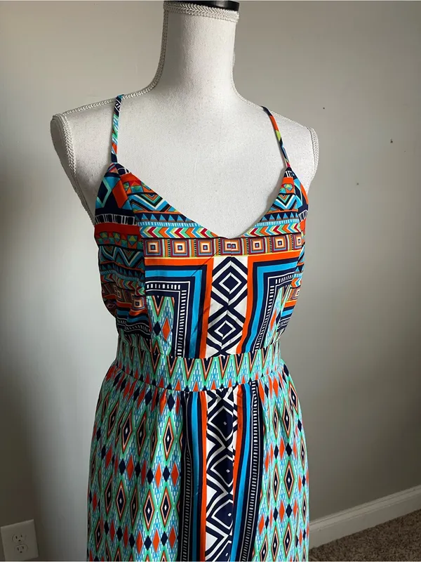 MYAN | Coloful Geo-Print Spaghetti-Strap Maxi Dress Sz - Image 3