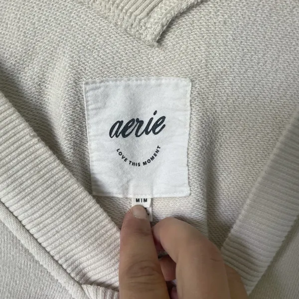 Aerie Cropped V-Neck Sweatshirt Off the Shoulder Cotton Blend Beige Size Medium - Image 4