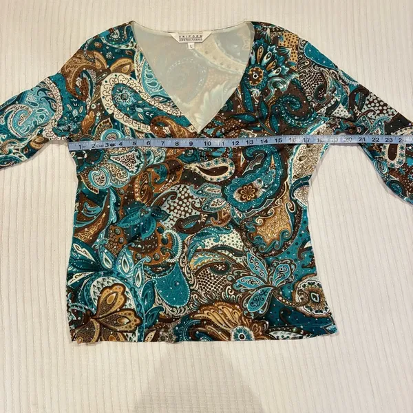 Uniform John Paul Richard Blue Brown Paisley Sequins Y2K Euro V-Neck Babydoll L - Image 9