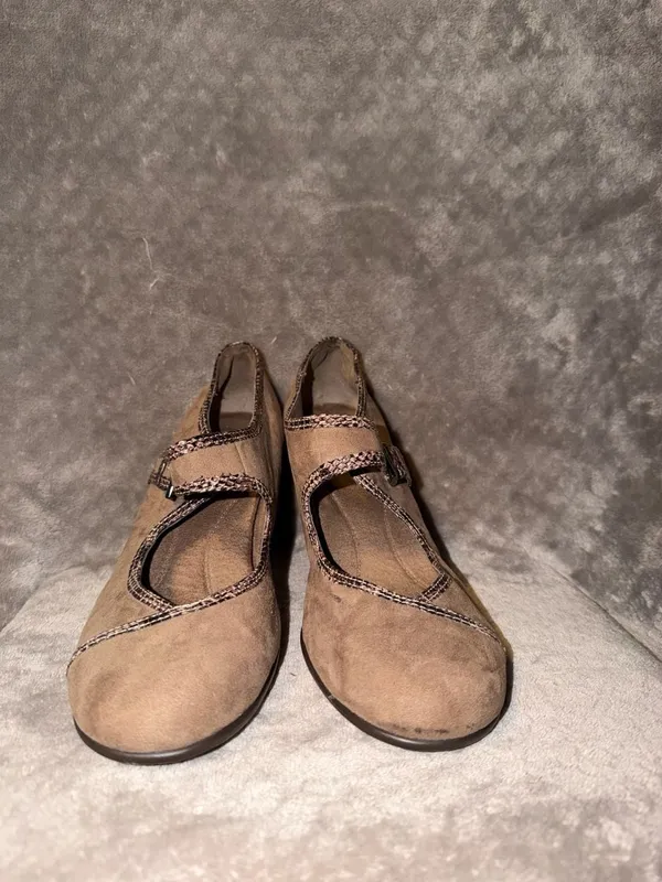 Aerosoles Water Roll Taupe Comfort Pump Mary Jane Snakeskin Trim Suede Heels - Image 2