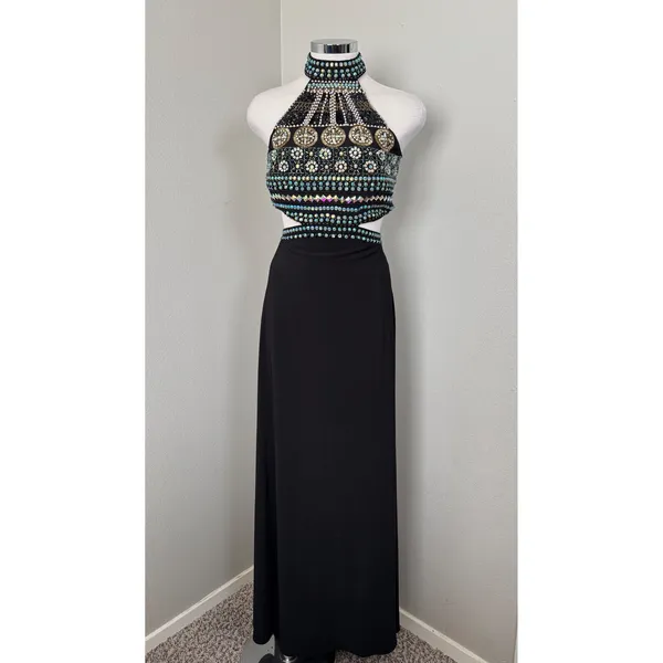 Crystal Doll Black Halter Neck Cutout Beaded Maxi Dress‎ Size 9 Prom Formal - Image 6