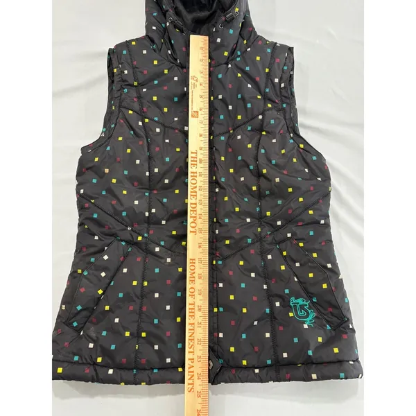 Burton Dryride‎ Puffer Vest Womens Medium Black Multicolor Square Print Hooded - Image 8