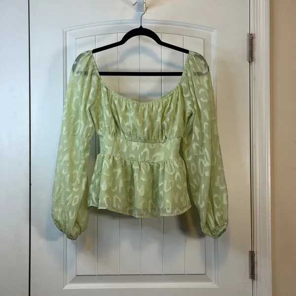 A.CALIN Flying Tomato Sage Green Texture Peplum Top‎ Balloon Sleeve Cottage Core - Image 2