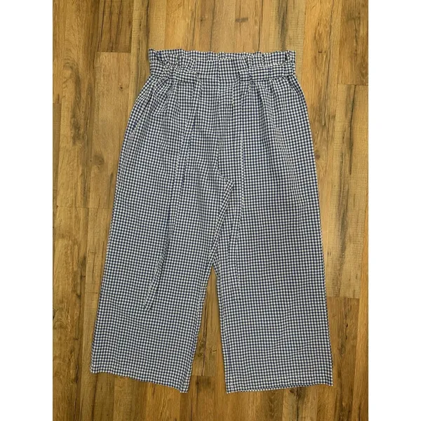 Joie Gingham Wide‎ Leg Cropped Pants Paperbag Waist Blue White Size L - Image 3