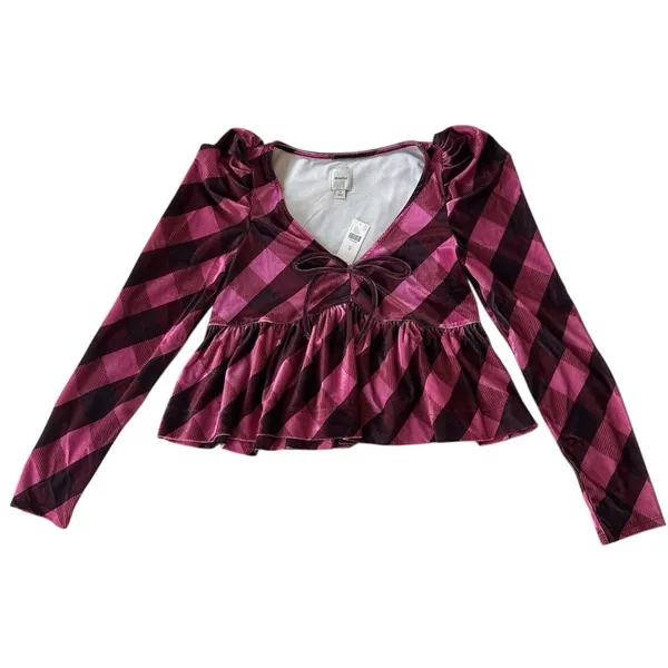 NEW Anthropologie Maeve Velvet Babydoll Plaid Top Pink Purple‎ Size Medium NWT - Image 3
