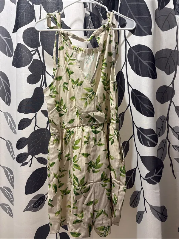 Gilli Cream Linen-Blend Leaf Print Tie-Strap Romper - Image 2