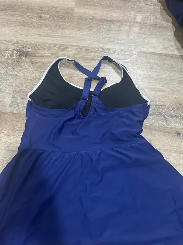 Navy Blue Swim Dress with White Trim - Image 3