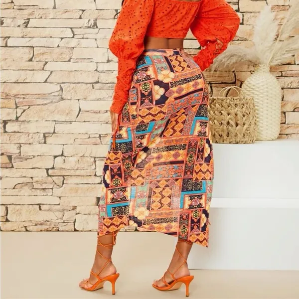 Orange print slit midi mini skirt - Image 4