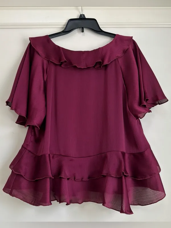 in february Burgundy Crinkled Ruffle V-Neck Flutter Sleeve Tiered Peplum Blouse - Image 8