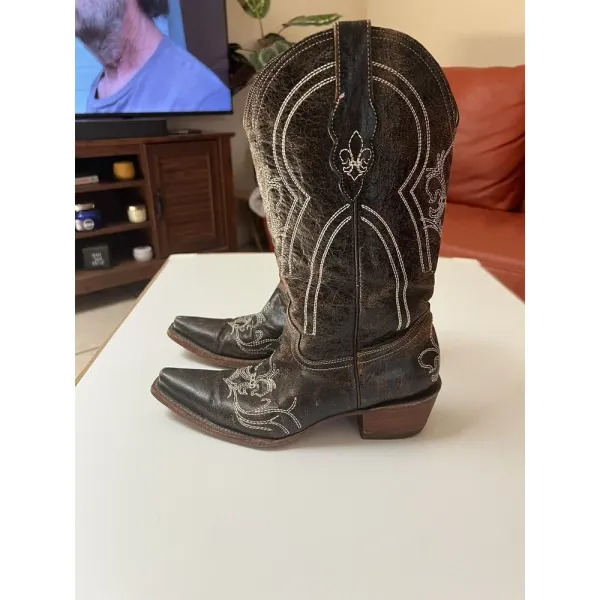 Pecos Bill Leather Cowgirl/cowboy Boots Sz 6 Women’s Distressed Drk‎ Brown White - Image 4