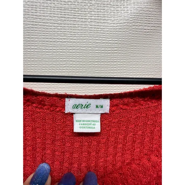 Aerie Women Waffle Knit Thermal Top Sz M Red‎ Long Sleeve Boho Slouchy Oversized - Image 3