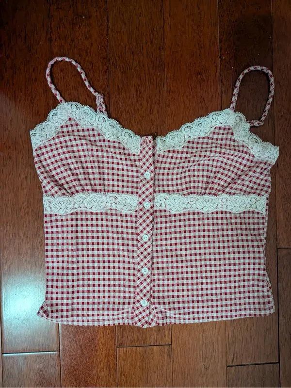 Kirious Red Gingham Lace Button Cami Top Size L Size L - Image 3
