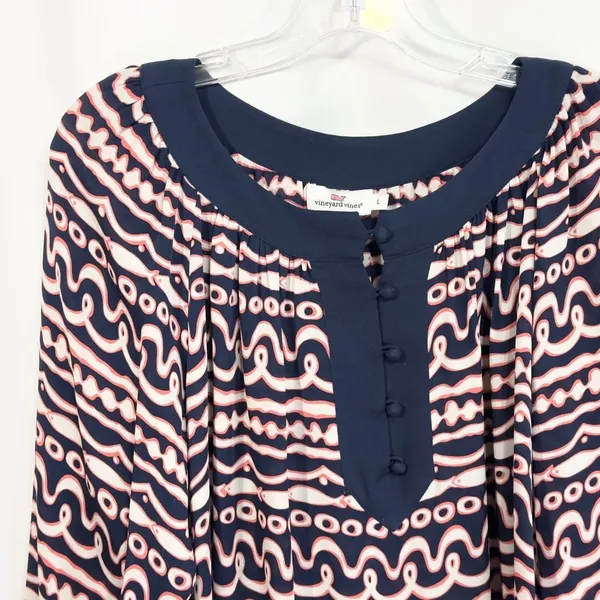 Vineyard Vines Large Top Silk Navy Blue Pink Fish Stripe Print‎ Long Sleeve 635 - Image 3