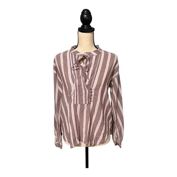 Pilcro Anthropologie Women's Pink Brown Stripe Long sleeve Popover Top Sz S - Image 2