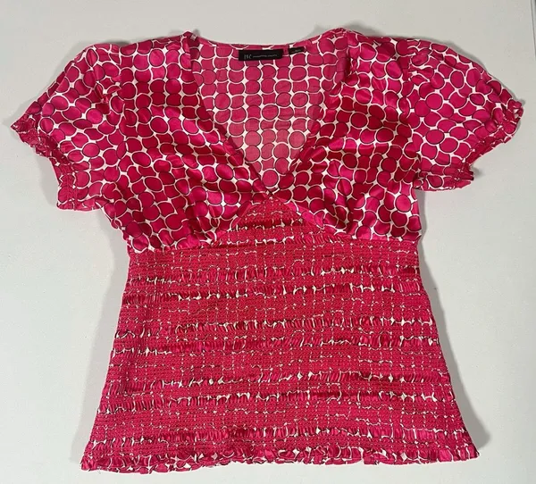 INC International Concepts Pink Circles Abstract Shirred 100% Silk Short Sleeve Shirt Top Blouse Size 6 🩷✨ - Image 2