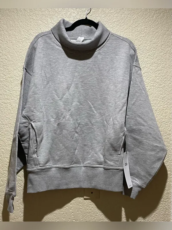 Alo Yoga NWT Hazy Mock Neck Pullover Sweatshirt Pockets Athletic Heather Grey S - Image 5