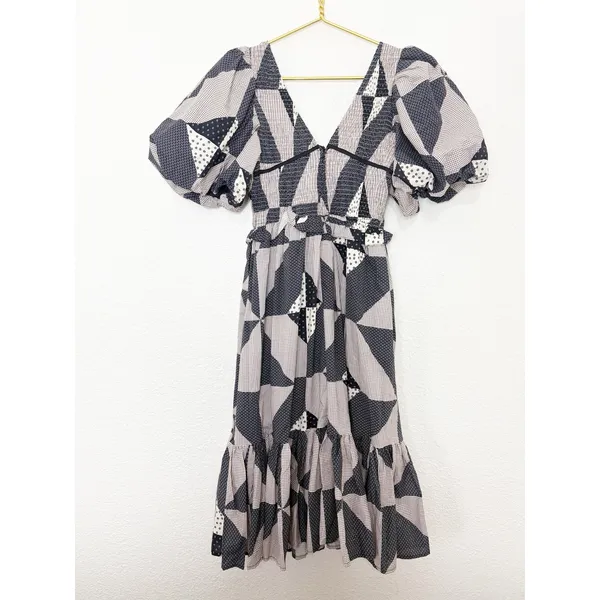 Bohme Brielle Patchwork Midi Dress Size Medium Puff Sleeve Check Plaid Boho - Image 13