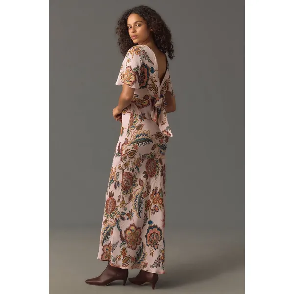 ANTHROPOLOGIE KACHEL Flutter Sleeve Bow Back Maxi Slip Dress Size 10 Pink Floral - Image 2