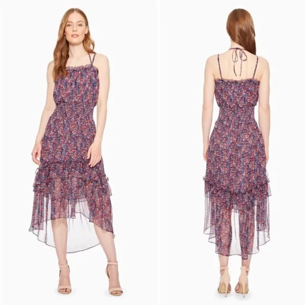 Parker‎ Amethyst Floral Silk Chiffon Purple & Red Floral Midi Dress M - Image 2