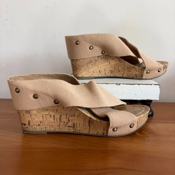 Esprit Womens Beige Canvas‎ Criss Cross Studded Cork Wedge Sandals Size 8 - Image 3