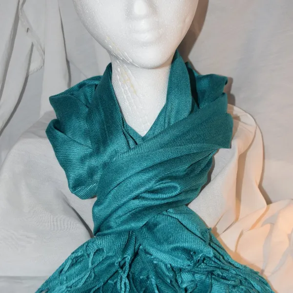 Teal Pashmina Style Scarf Wrap 26" x 70" w 4" Fringe - Image 4