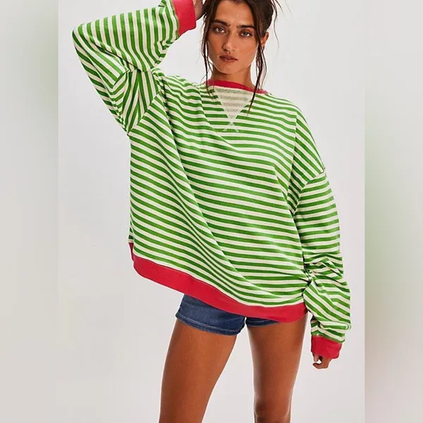 We The Free NWOT Free People Classic Striped Oversized Crewneck Green Top Size L - Image 14