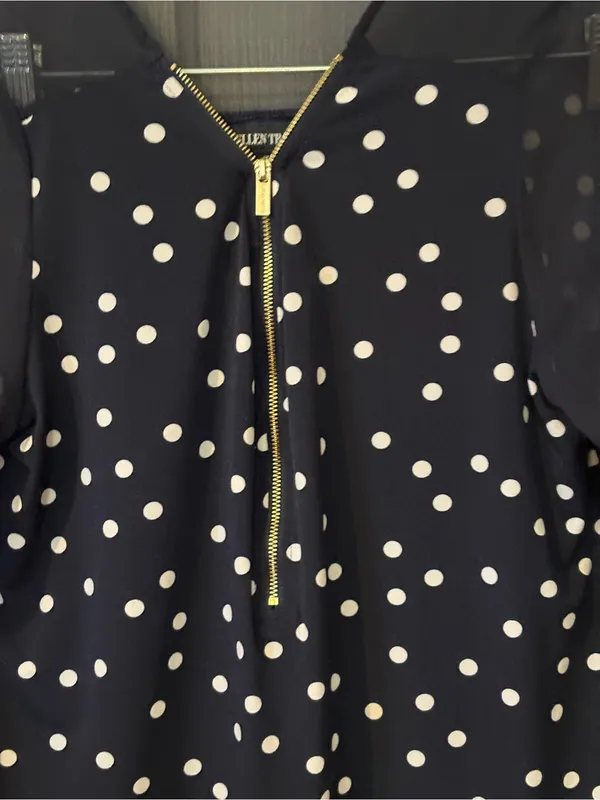 Ellen Tracy Navy & White Polka Dot Zip-Front Blouse - Image 3