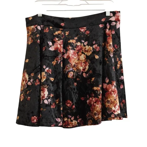 90s Grunge Say Anything‎ Floral Crushed Velvet Skater Mini Skirt XL Black Orange - Image 7