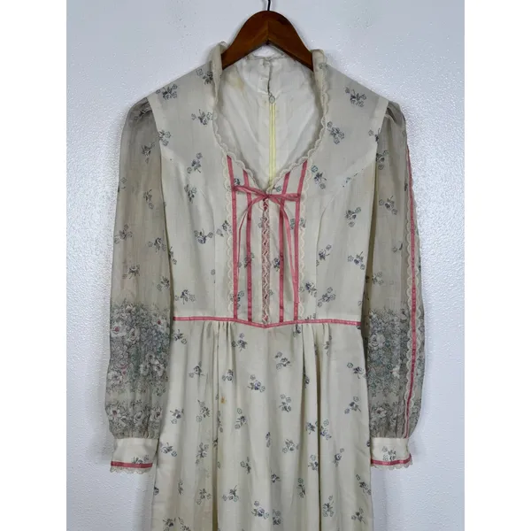 Vintage 70s Floral Prairie Maxi Dress Lace Trim Cottagecore Sheer Sleeve Cream - Image 3