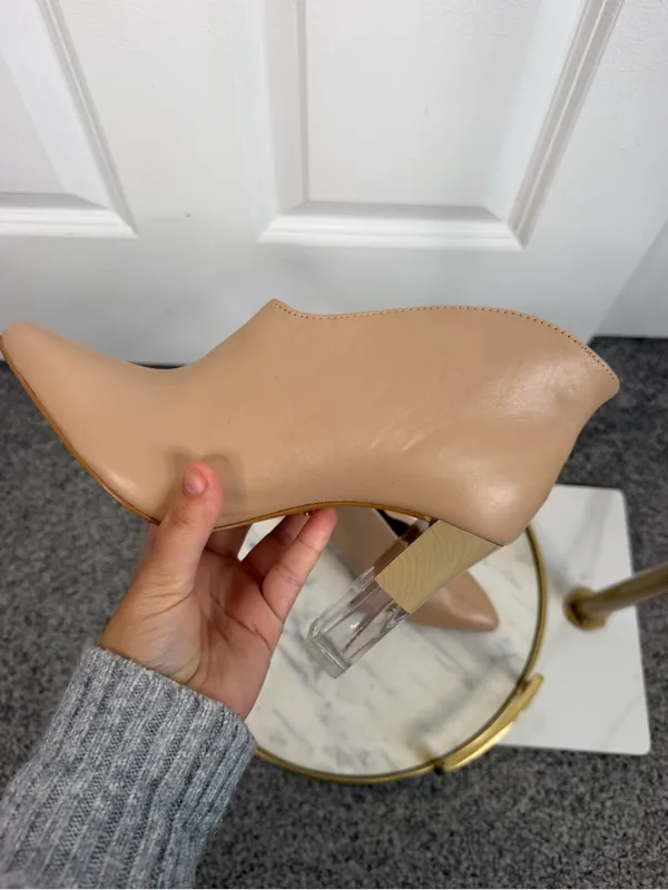 42 Gold Size 7.5M Nude Pointed Toe Clear Block Heel Ankle Booties NWOT - Image 7
