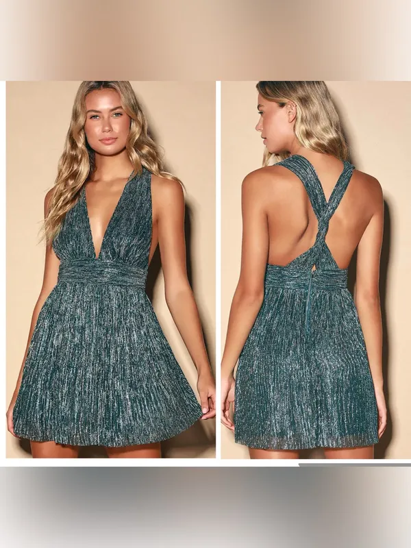Lulu’s Ailey Teal Blue & Gold Skater Dress - Image 2