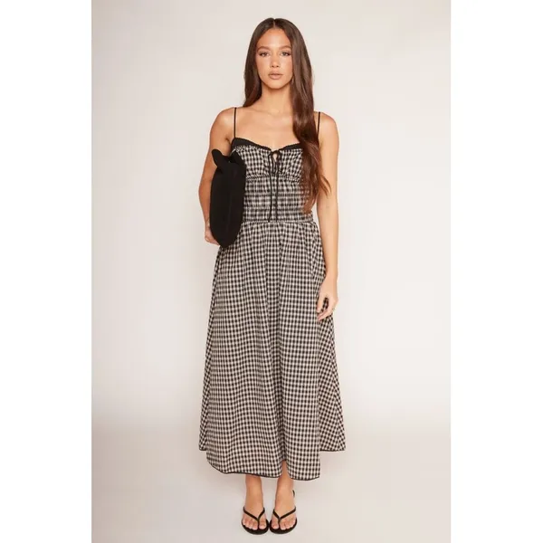 NIA Black Tan Gingham Smocked Midi Thomas Dress Lace Trim Pockets Womens Medium - Image 13