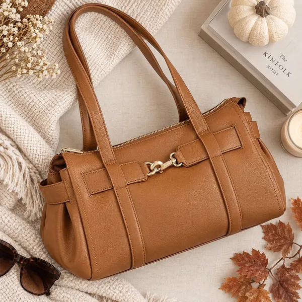 A New Day Cognac Brown Faux Leather Satchel Handbag Gold Snap Hook Clasp NWT - Image 2