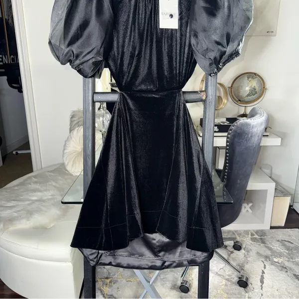 Bardot Marina Velvet Backless Mini Dress Black Womens 6 Medium Sheer Sleeves New - Image 6