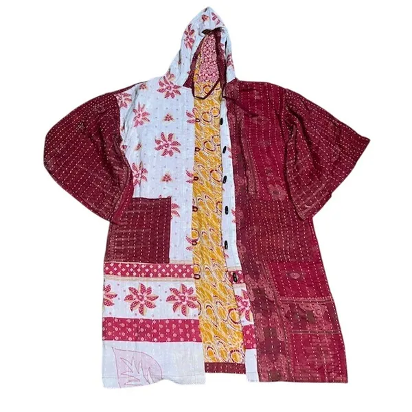 Unbranded Kantha Quilt Hooded Coat Patchwork Floral Toggle Jacket Red White OS - Image 3