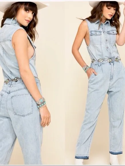 Free People - We The Free Blue Fast Car Sleeveless Denim Utility Jumpsuit Sz: S - Image 2