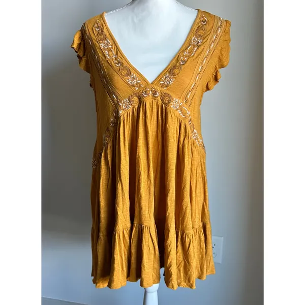 Free People Boho Yellow Embroidered Flowy Ruffle Top Blouse Oversized Size S - Image 2